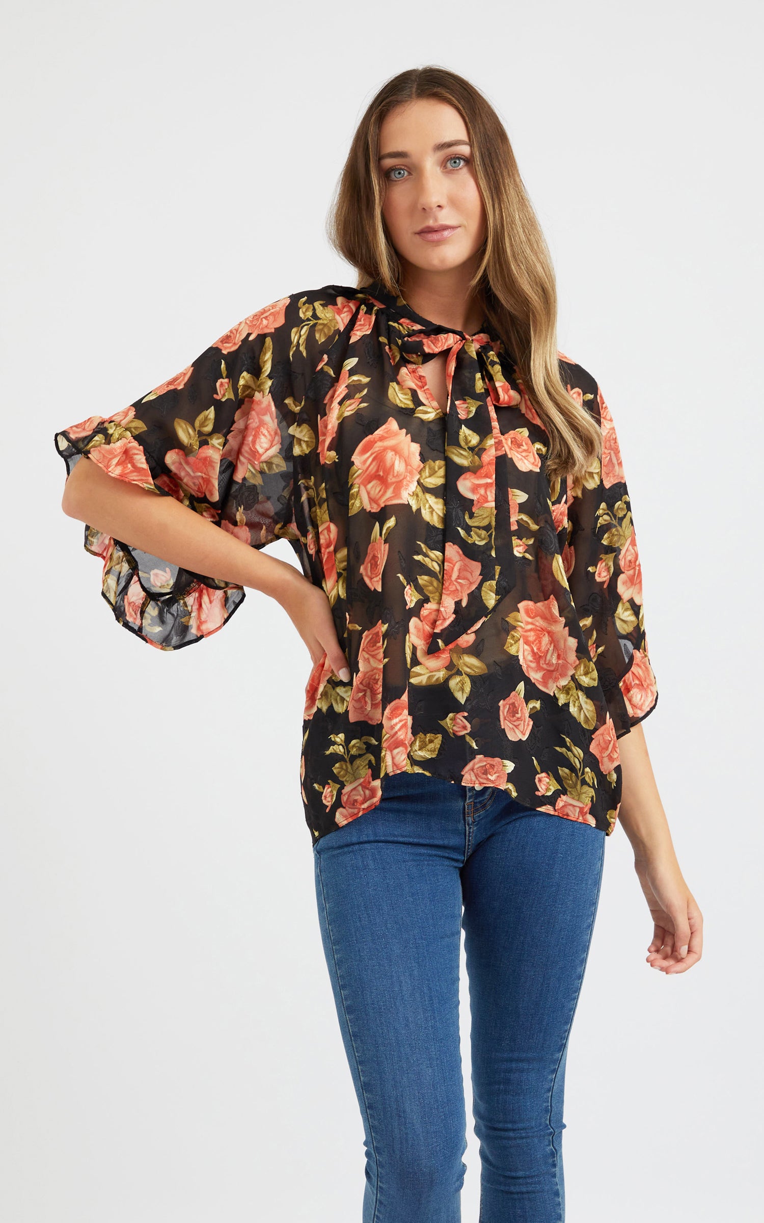 Chiffon Tie Neck Ruffle Blouse | Pagani