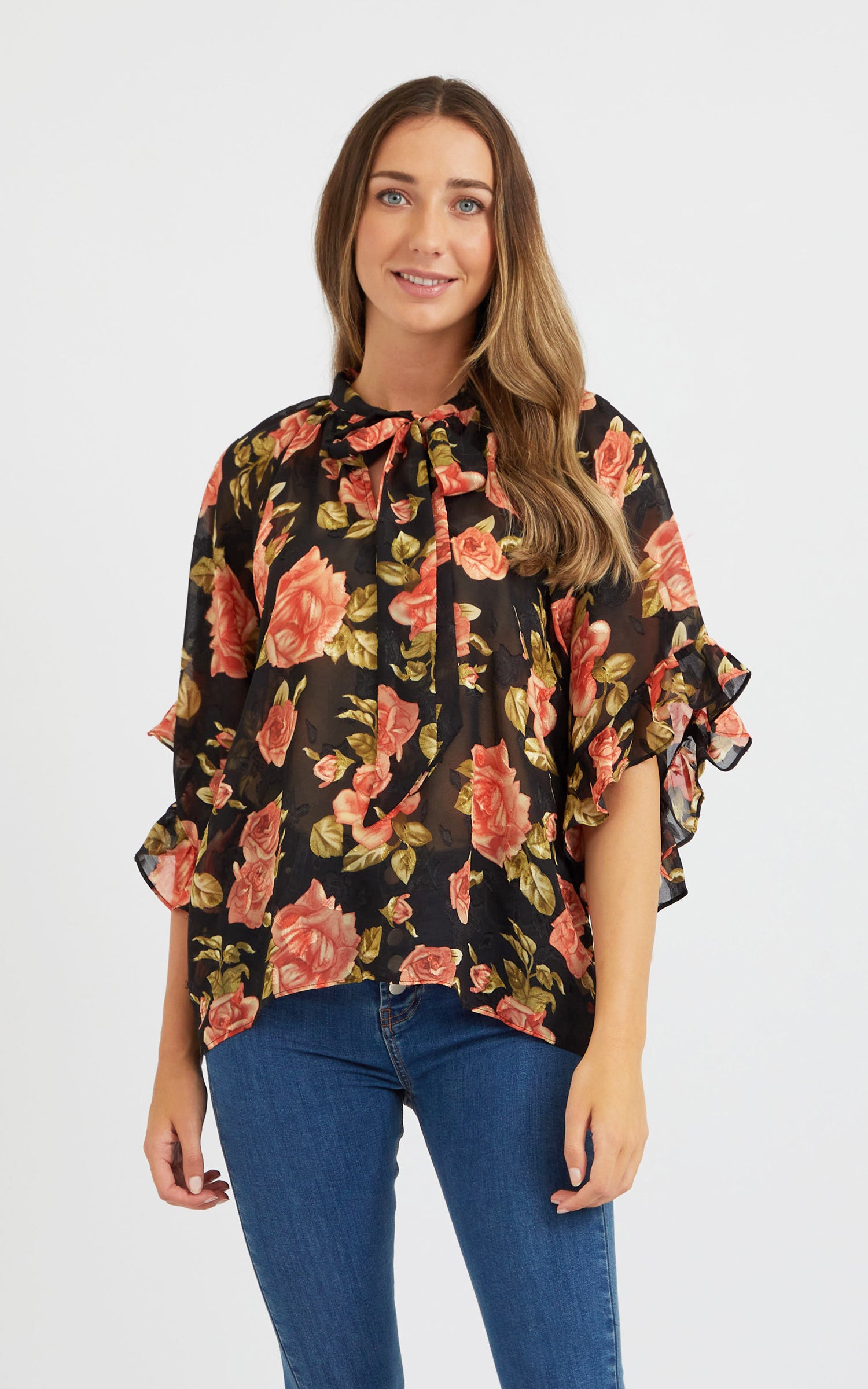 Chiffon Tie Neck Ruffle Blouse | Pagani