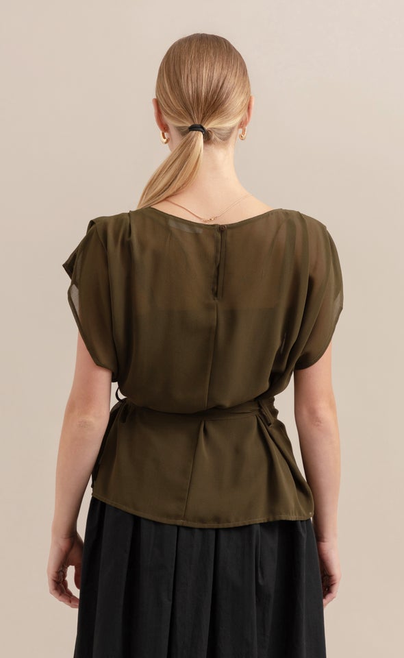 Chiffon Tie Waist Top Khaki