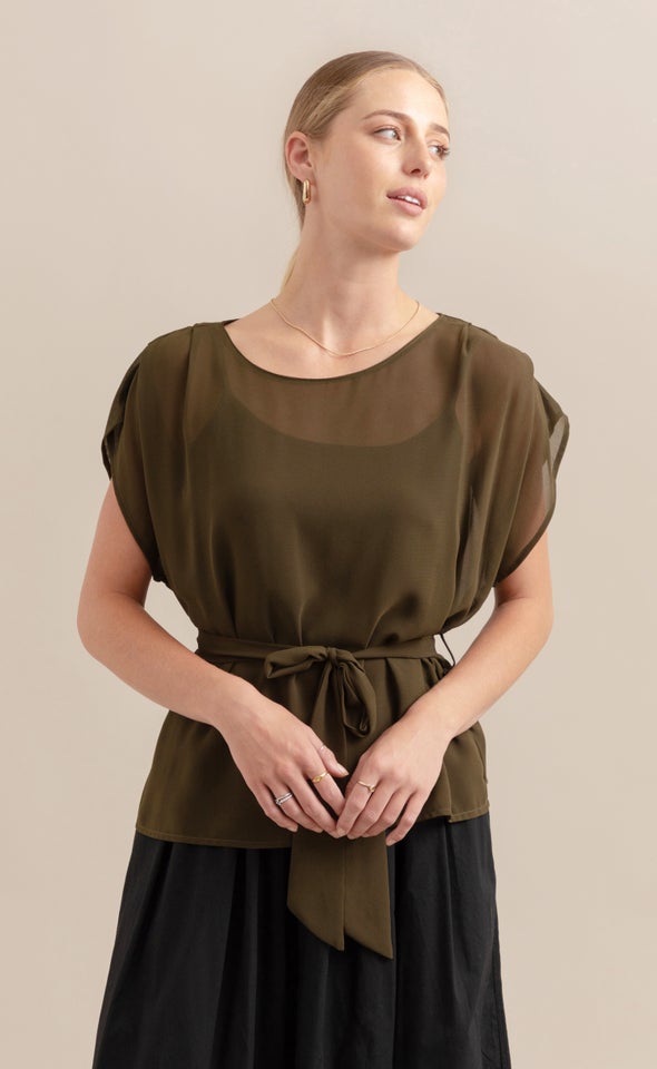 Chiffon Tie Waist Top Khaki