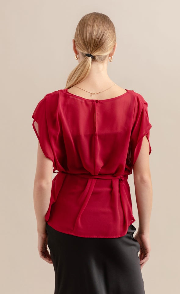 Chiffon Tie Waist Top Red Wine