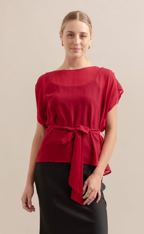 Chiffon Tie Waist Top Red Wine