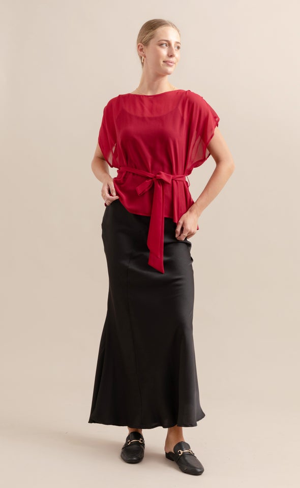 Chiffon Tie Waist Top Red Wine