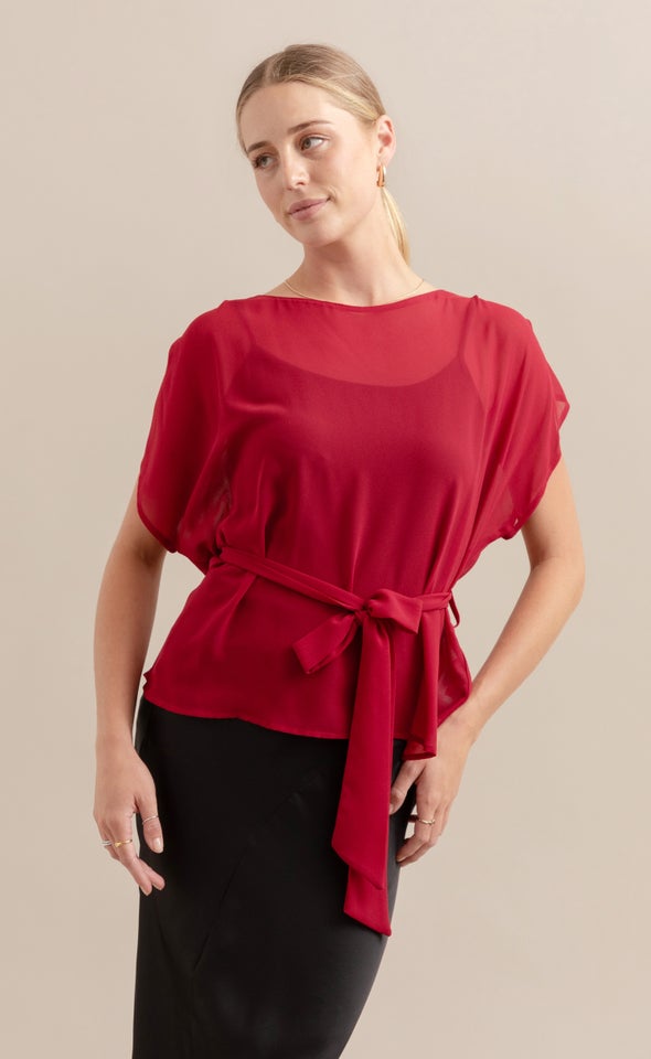 Chiffon Tie Waist Top Red Wine