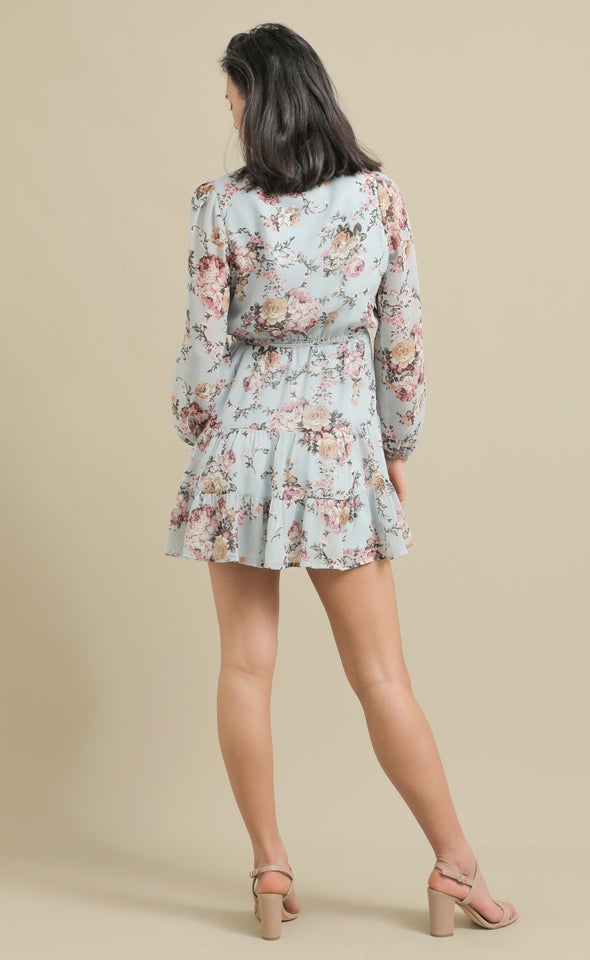 Chiffon Tier Detail LS Dress Blue/floral