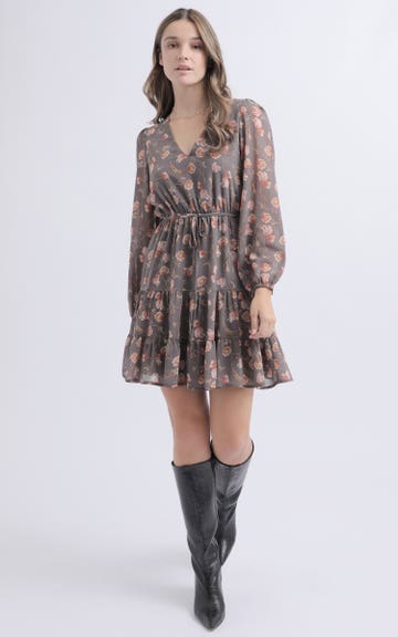 Shop our Chiffon Tier Detail LS Dress in Grey/floral | Pagani