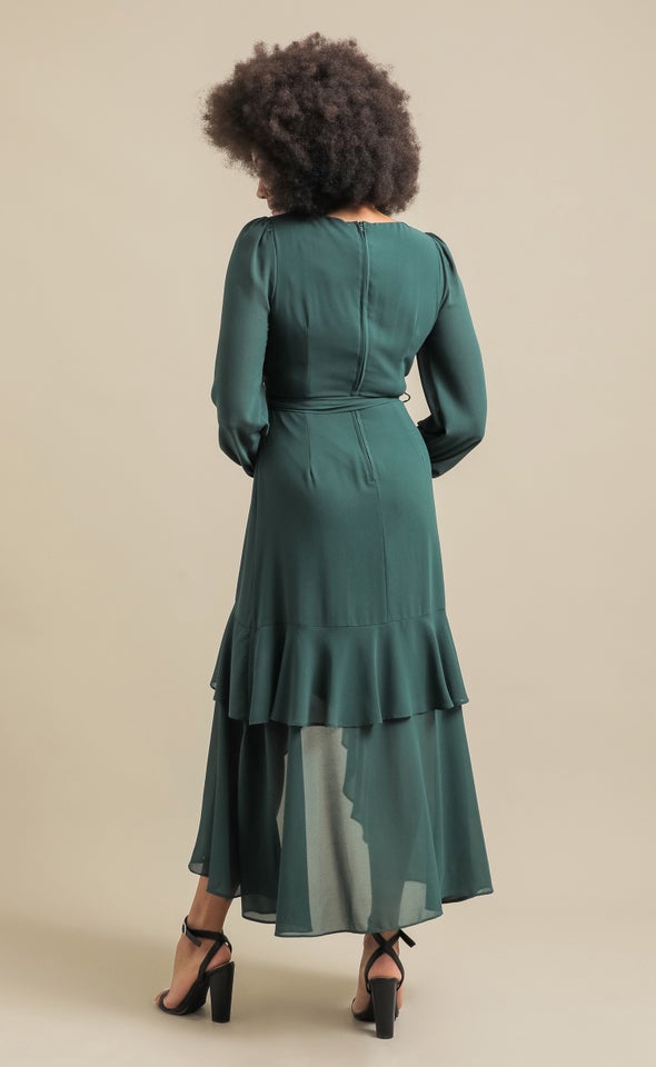 Chiffon Tier Ruffle Wrap LS Maxi Emerald