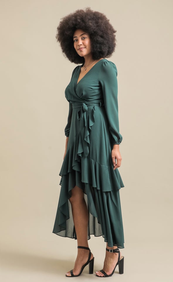 Chiffon Tier Ruffle Wrap LS Maxi Emerald