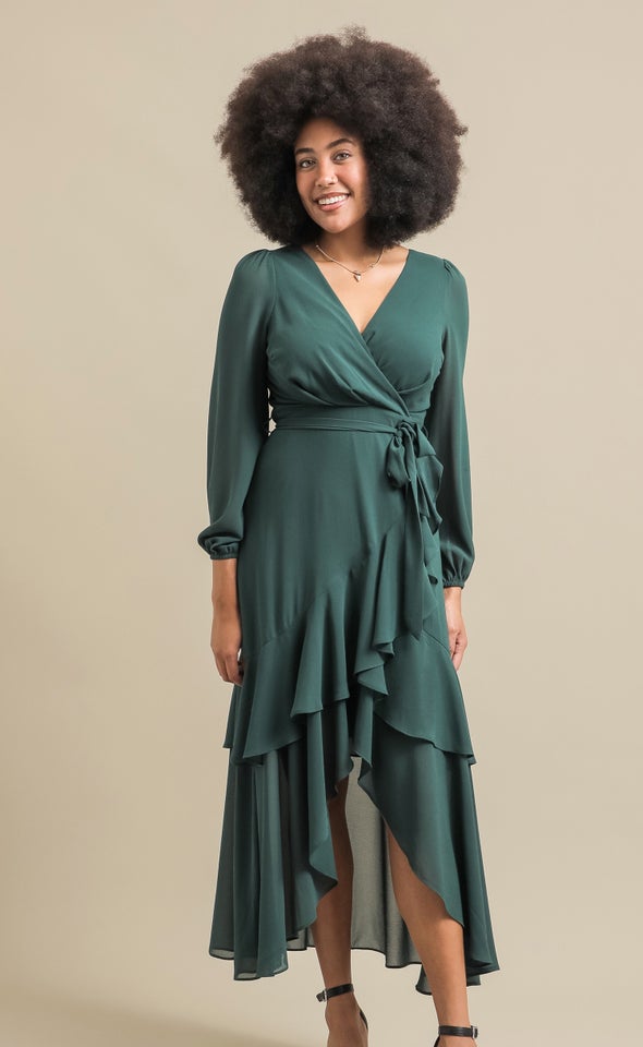 Chiffon Tier Ruffle Wrap LS Maxi Emerald