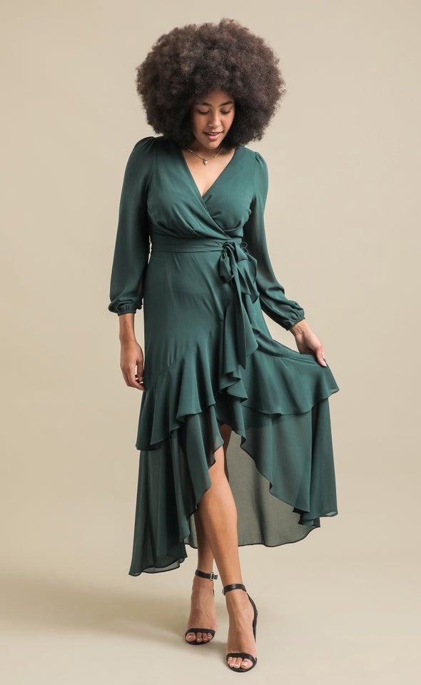 Chiffon Tier Ruffle Wrap LS Maxi Emerald