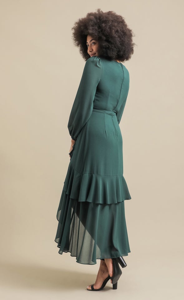 Chiffon Tier Ruffle Wrap LS Maxi Emerald