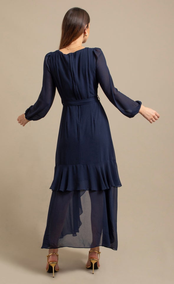 Chiffon Tier Ruffle Wrap LS Maxi Ink