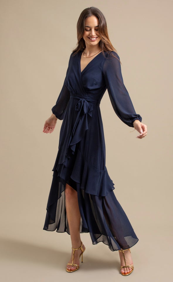 Chiffon Tier Ruffle Wrap LS Maxi Ink