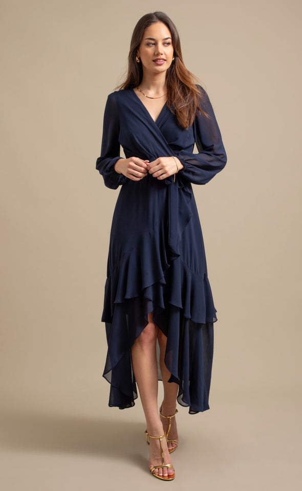 Chiffon Tier Ruffle Wrap LS Maxi Ink