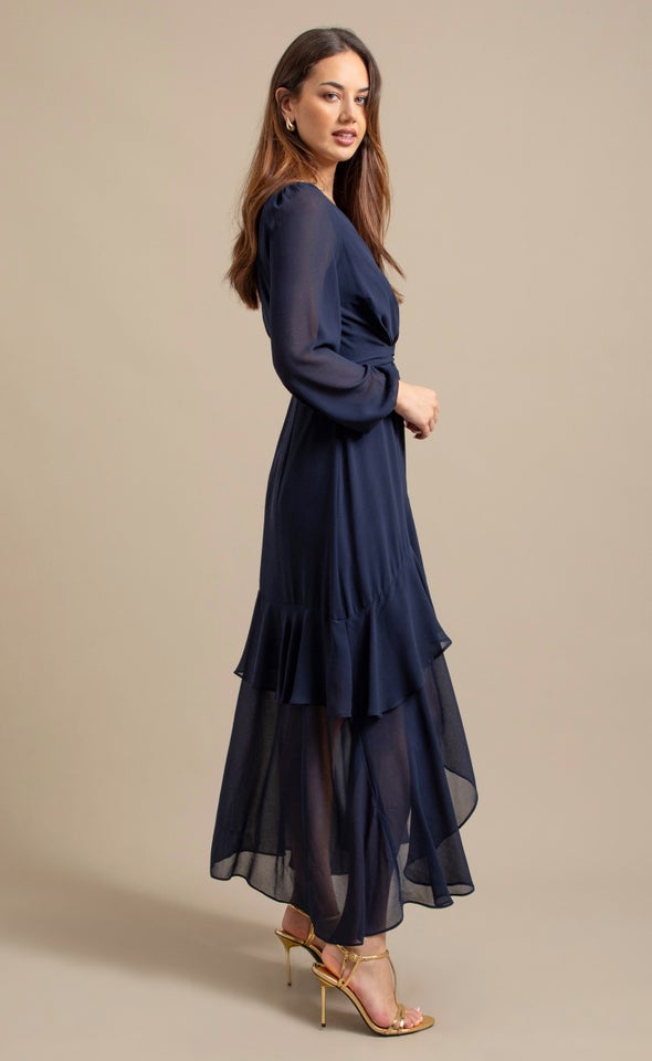 Chiffon Tier Ruffle Wrap LS Maxi Ink