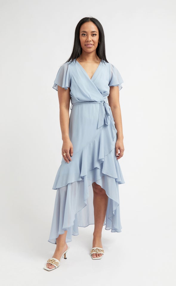 Chiffon Tier Ruffle Wrap Maxi Dusky Blue