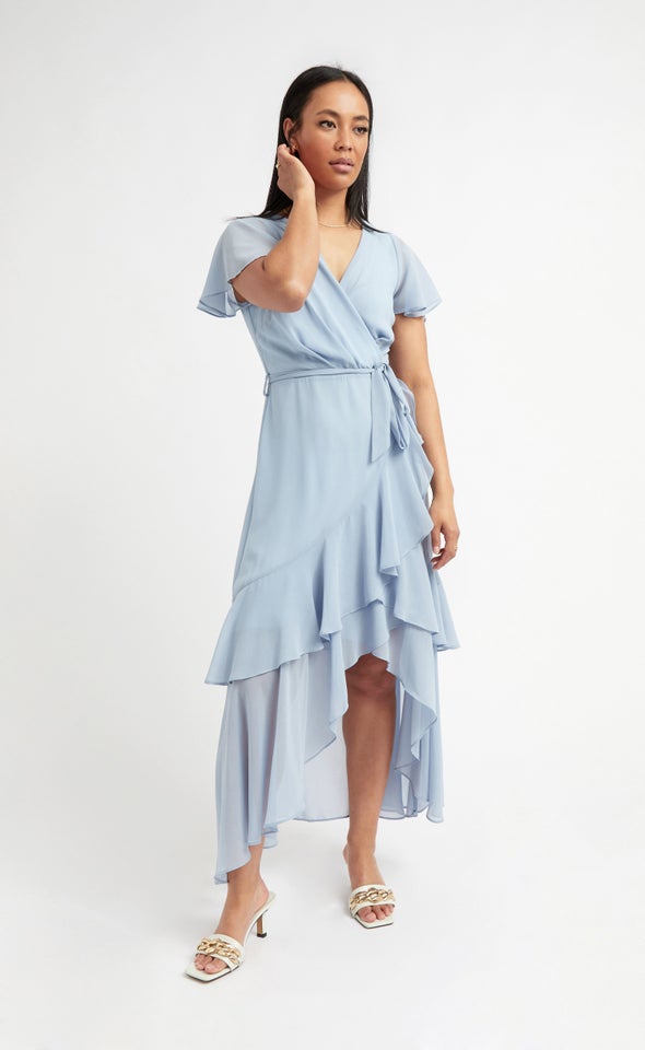 Chiffon Tier Ruffle Wrap Maxi Dusky Blue