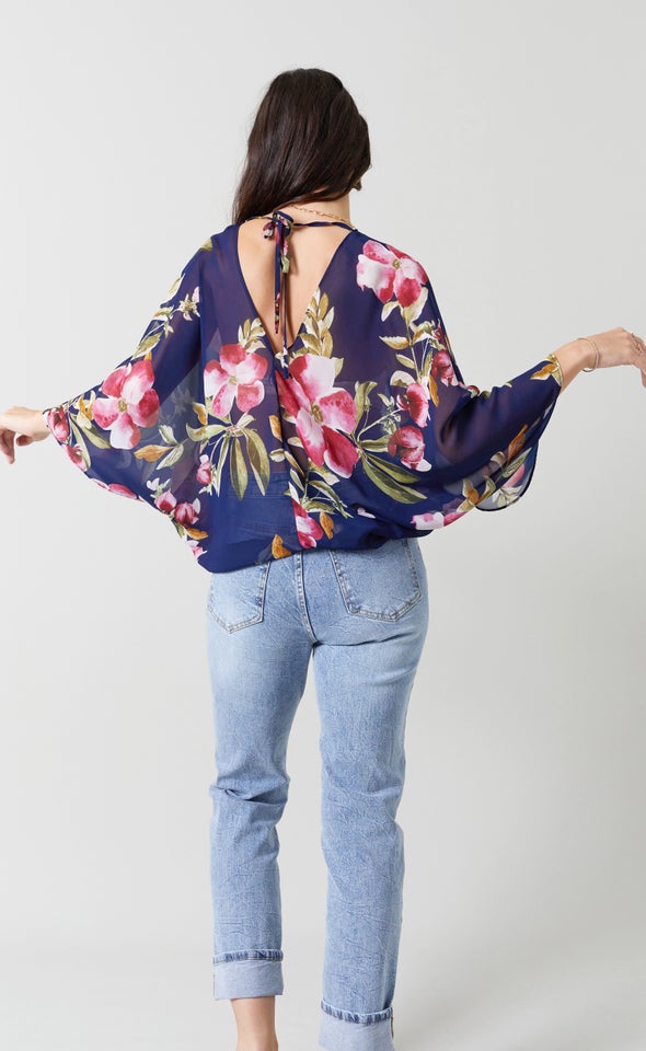 Chiffon V Neck Batwing Top Navy/pink
