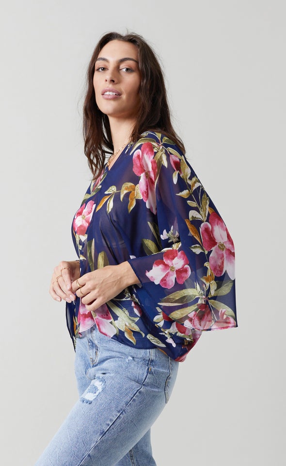 Chiffon V Neck Batwing Top Navy/pink