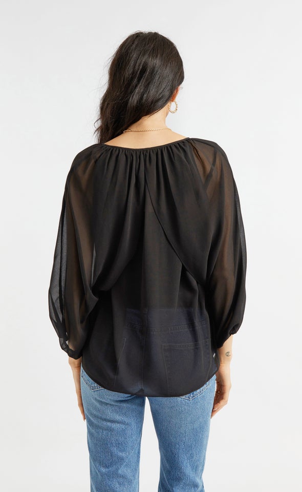 Chiffon V Neck Cape Detail Top Black