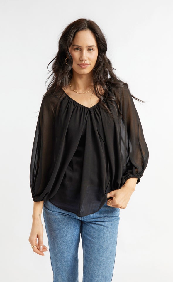 Chiffon V Neck Cape Detail Top Black