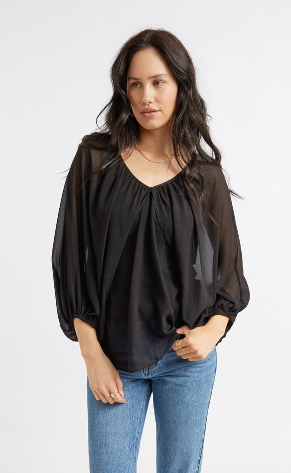 Chiffon V Neck Cape Detail Top Black