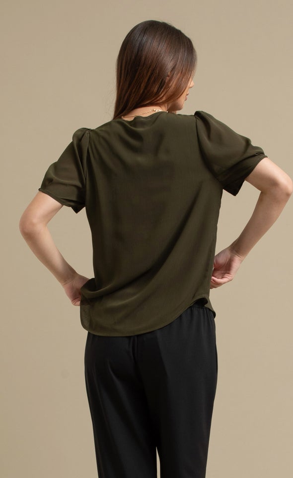 Chiffon V Neck Puff Sleeve Top Olive