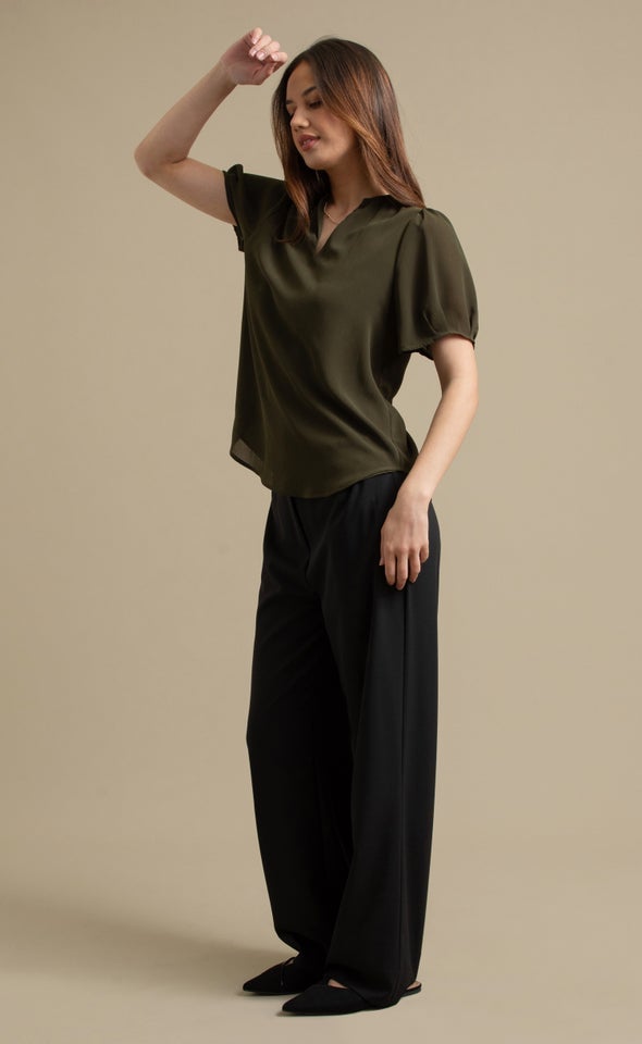 Chiffon V Neck Puff Sleeve Top Olive