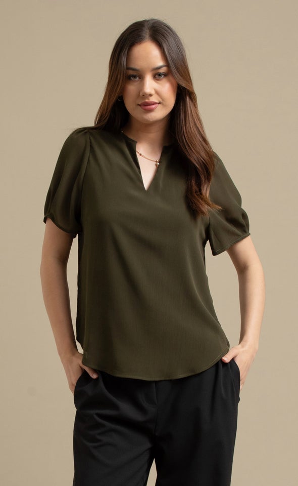 Chiffon V Neck Puff Sleeve Top Olive