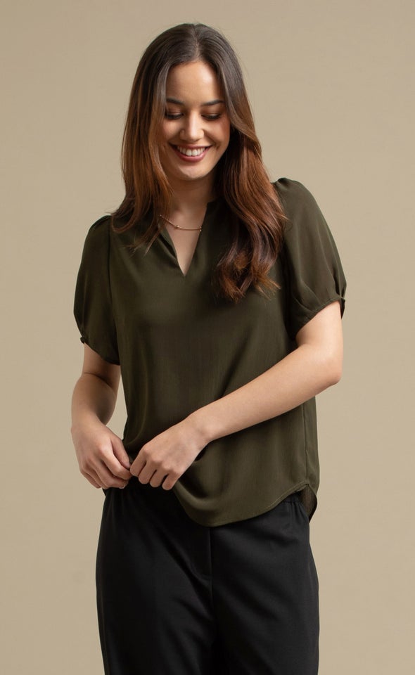 Chiffon V Neck Puff Sleeve Top Olive