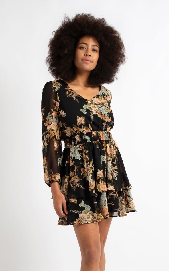 Chiffon V Neck Shirred LS Dress Black/floral