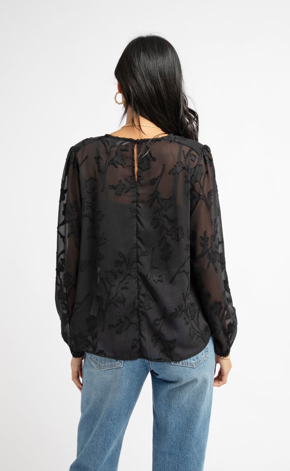 Chiffon Yoke Detail LS Top Black