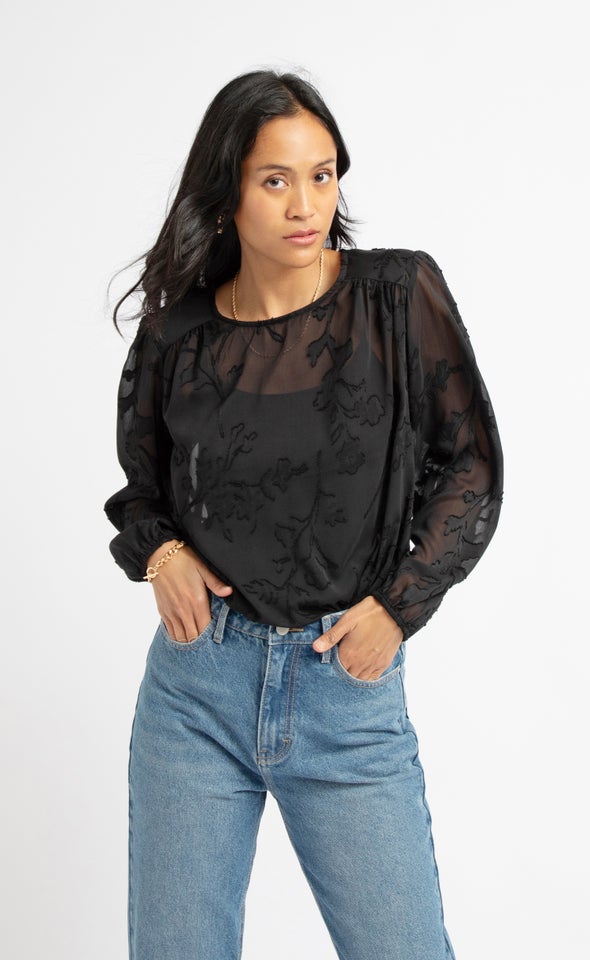 Chiffon Yoke Detail LS Top Black