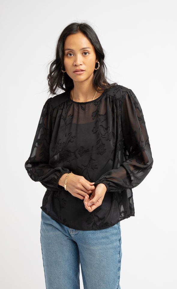 Chiffon Yoke Detail LS Top Black
