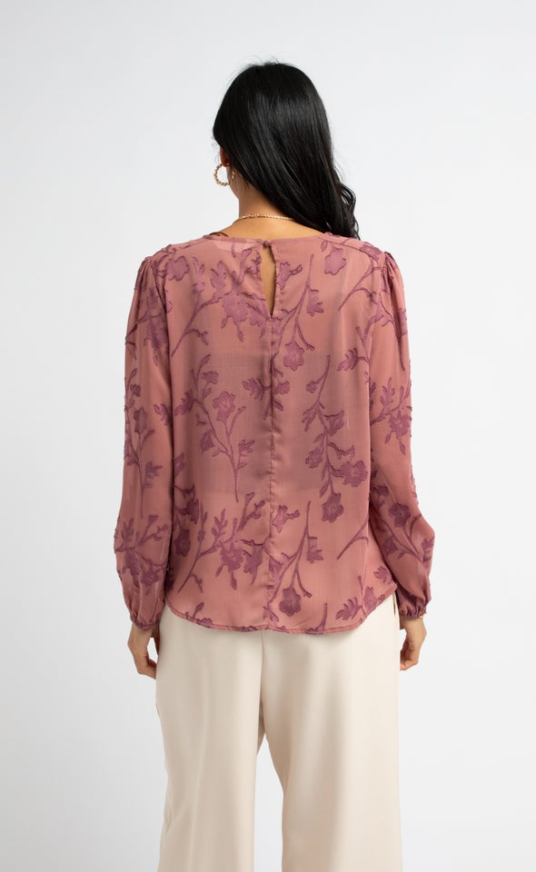 Chiffon Yoke Detail LS Top Dusty Rose