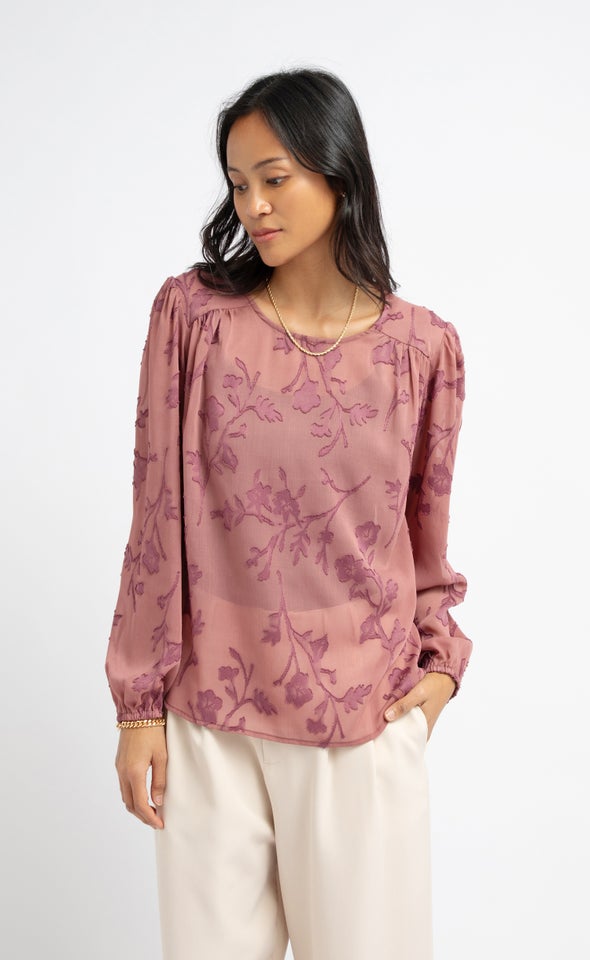 Chiffon Yoke Detail LS Top Dusty Rose