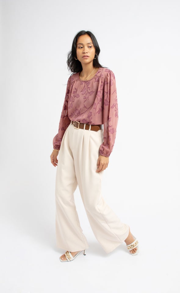Chiffon Yoke Detail LS Top Dusty Rose