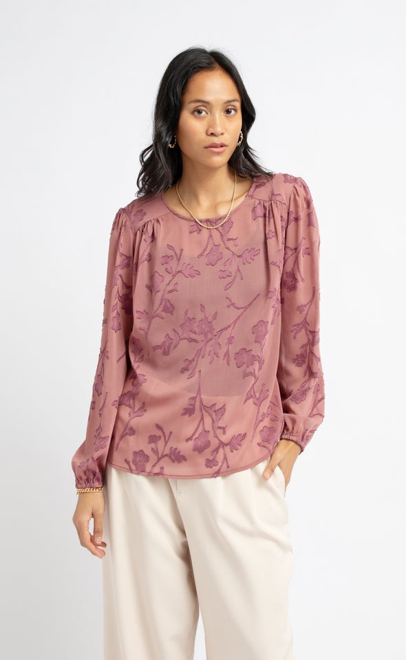 Chiffon Yoke Detail LS Top Dusty Rose