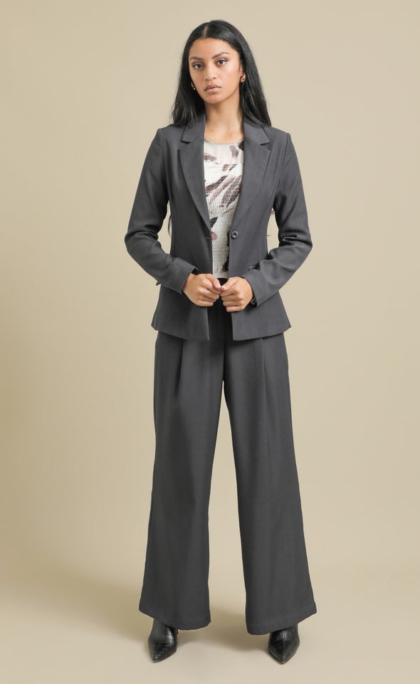 Cinched Waist 1 Button Blazer Charcoal