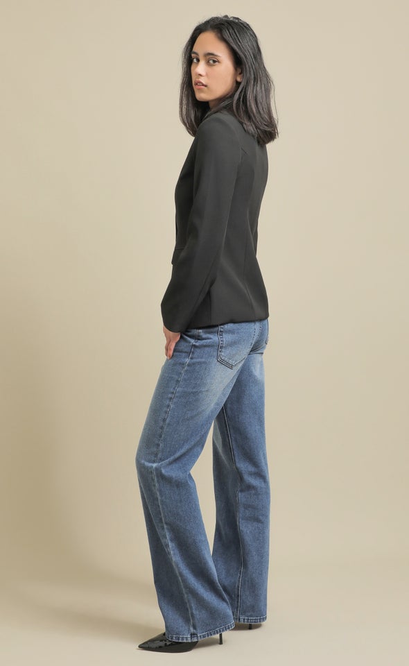 Collarless Mid Button Blazer Black