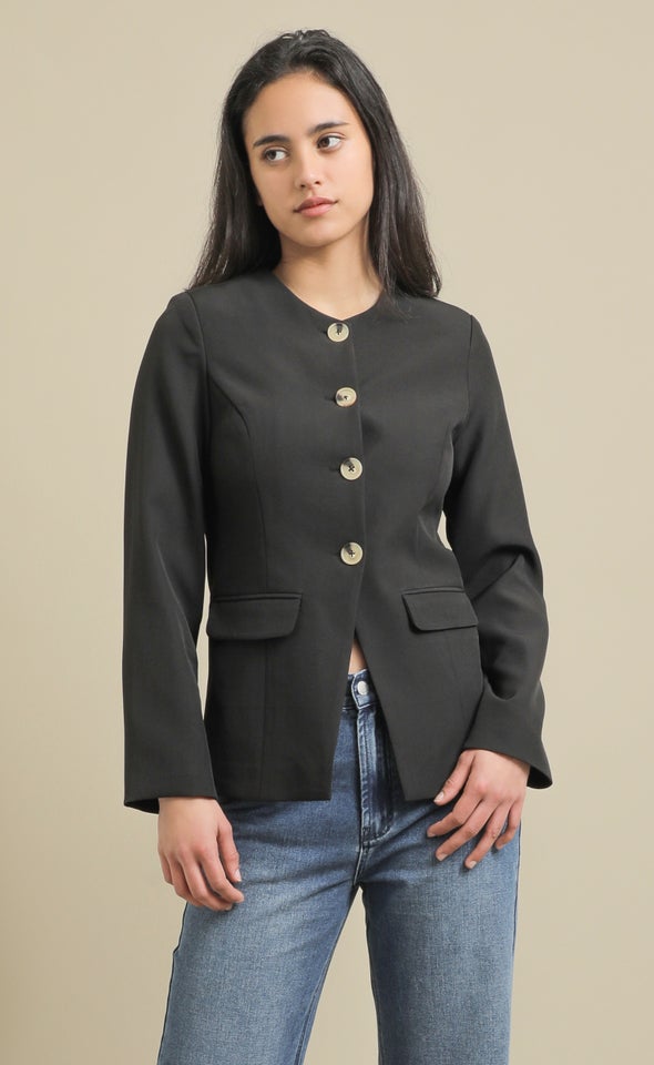 Collarless Mid Button Blazer Black