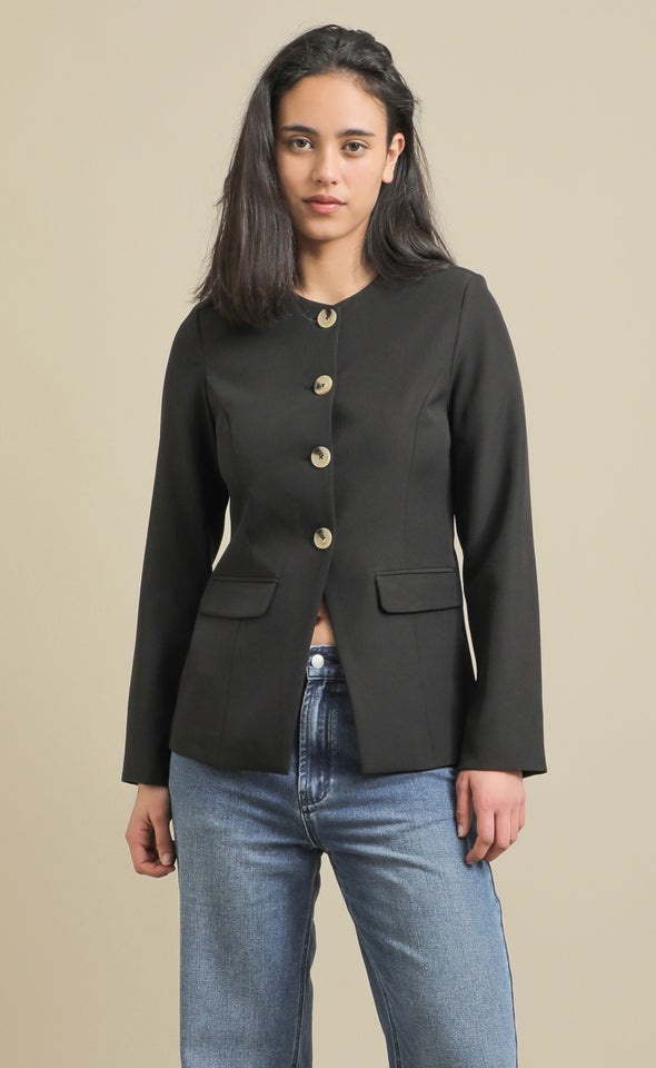 Collarless Mid Button Blazer Black