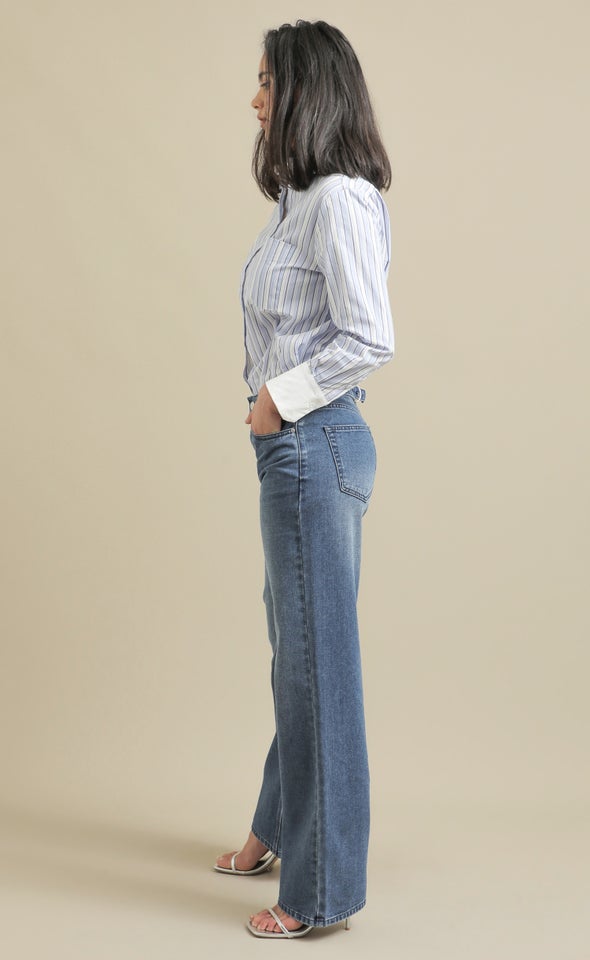 Contrast Detail Cotton Shirt Blue/white