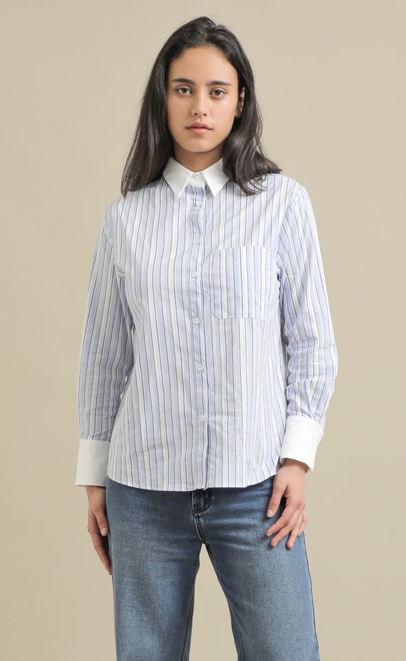 Contrast Detail Cotton Shirt Blue/white