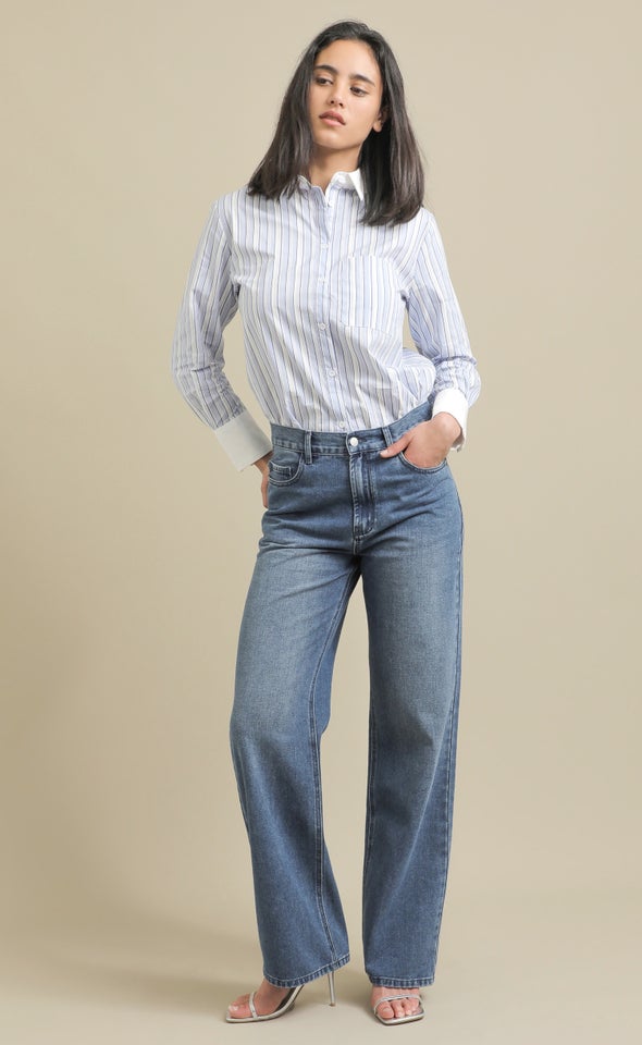 Contrast Detail Cotton Shirt Blue/white
