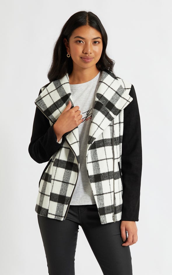 Contrast Sleeve Checked Jacket Blk/white