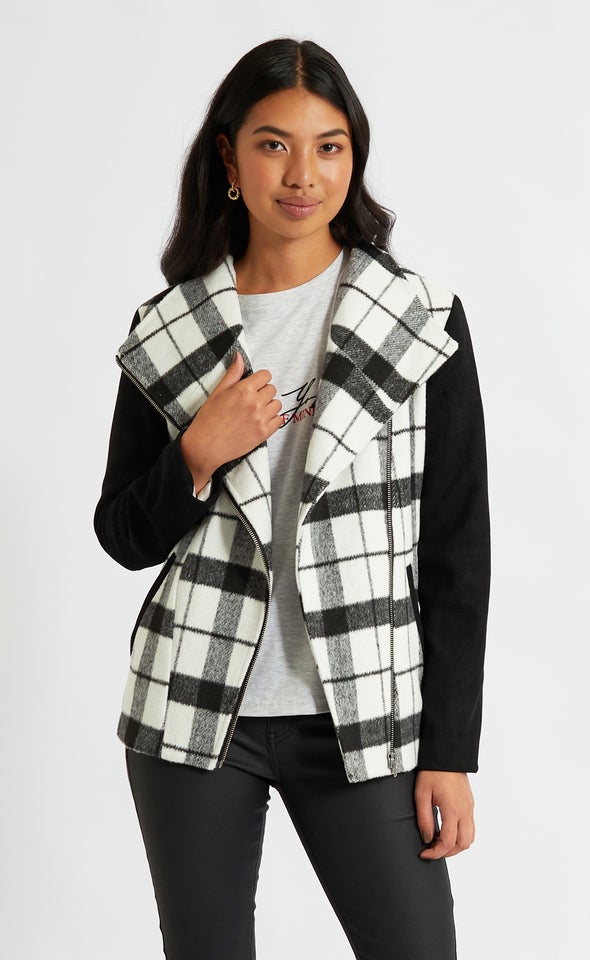 Contrast Sleeve Checked Jacket Blk/white