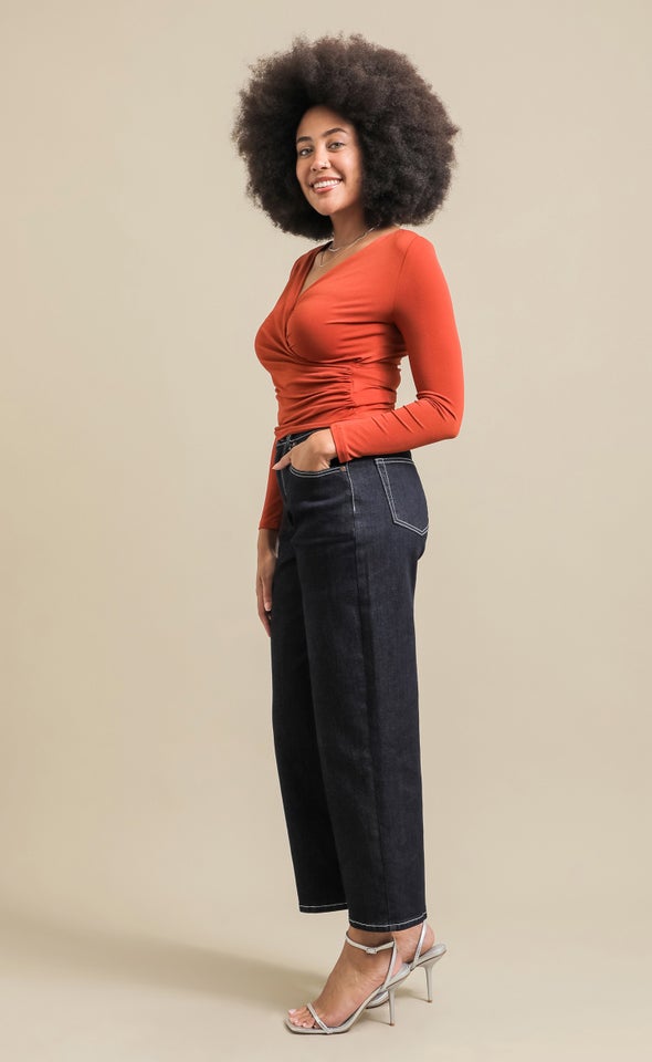 Contrast Stitch Wide Leg Jeans Deep Indigo