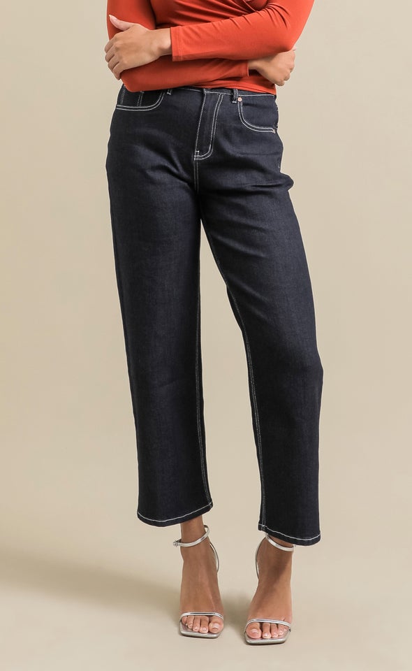 Contrast Stitch Wide Leg Jeans Deep Indigo