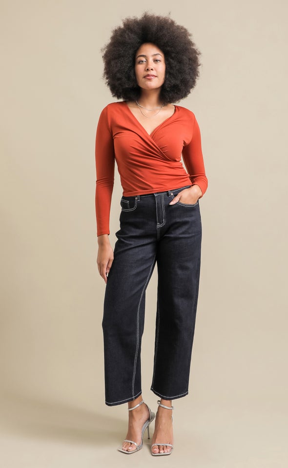 Contrast Stitch Wide Leg Jeans Deep Indigo